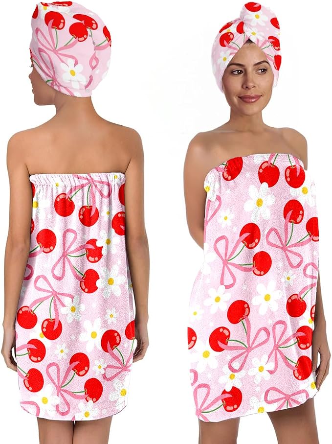 Cherry Bath Wrap with Matching Hair Drying Cap – Soft Microfiber Lightweight by QIULIBMH