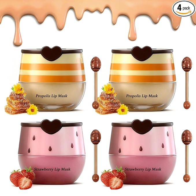 4PCS Strawberry & Bee Lip Balm Honey Pot, Vitamin E & Moisturizing Propolis by Charm+Kiss