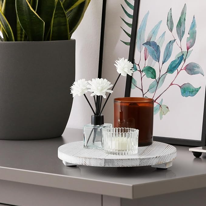 Small Round Decorative Tray White Washed Wood Bathroom Counter Organizer - Image 5