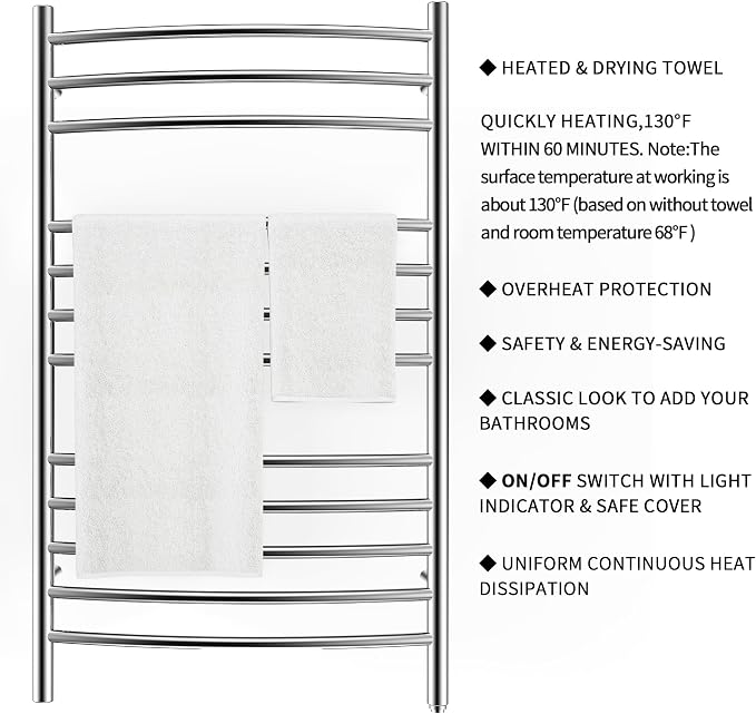 HEATGENE Towel Warmer Wall Mount Electric Plug-in/Hardwired Heated Towel Rack - Image 3