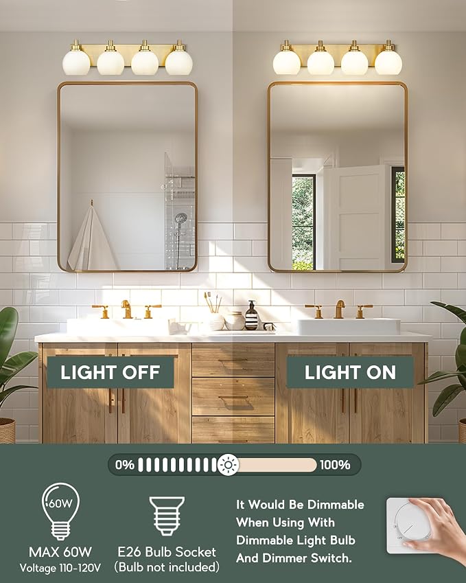 Bathroom Light Fixtures, 4 Light Brushed Gold Vanity Light, 26 Inch Modern Wall - Image 2