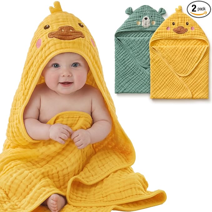 Blissful Diary Muslin Baby Hooded Towel 2 Pack, Soft & Absorbent Bath Towel by ForEveryBabysBetterLife
