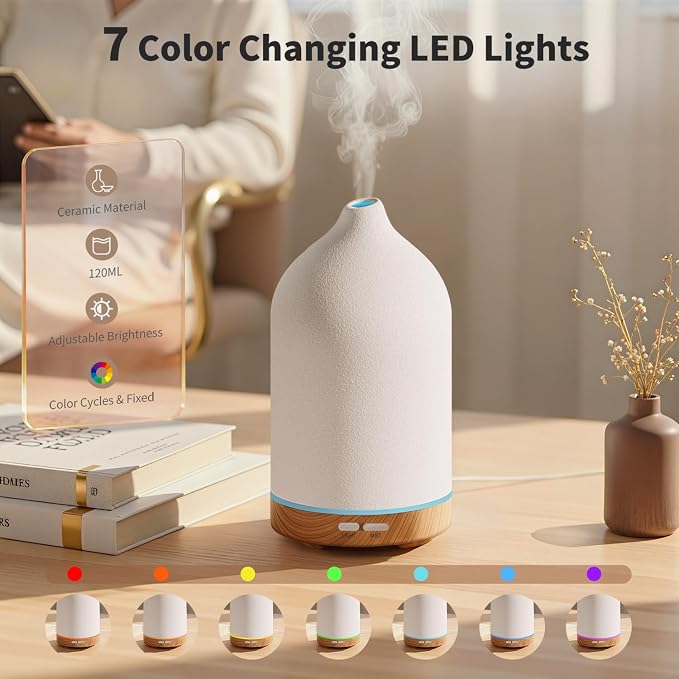 URPOWER 120ML Ceramic Essential Oil Diffuser, Ultrasonic Aromatherapy Diffuser - Image 3