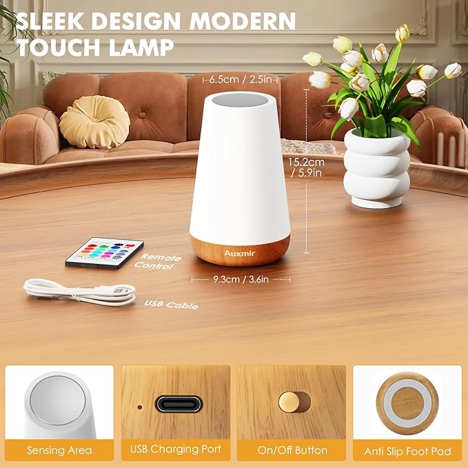 Auxmir LED Night Light 2 Pack Bedside Lamp Touch and Remote Control Dimmable - Image 8