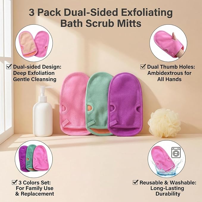 Erioctry 3PCS Reusable Bathing Shower Mittens Soft Back Rubbing Gloves - Image 3