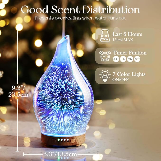 Porseme Oil Diffuser 3D Glass Aromatherapy Ultrasonic Humidifier, Air Refresh - Image 3