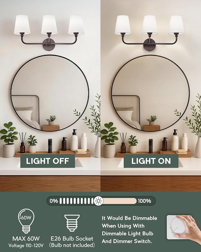 Bathroom Light Fixtures, 3-Light Oil Rubbed Bronze Vanity Lights - Image 5