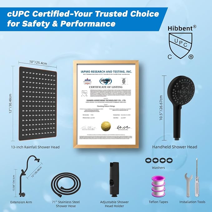 Hibbent cUPC Certified All Metal 12" Rainfall Showerhead Combo, High Pressure - Image 9
