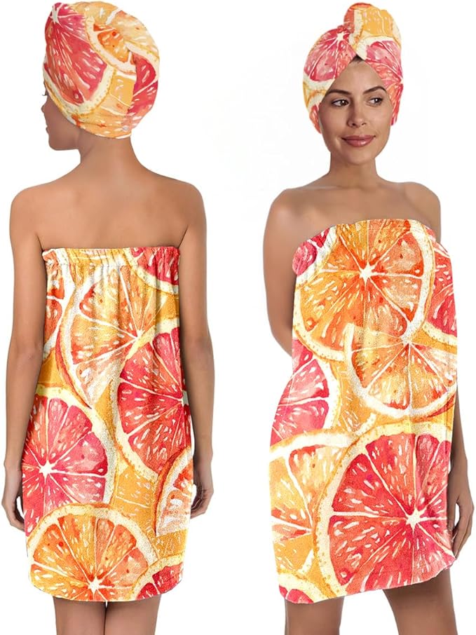 Citrus Print Bath Wrap and Hair Drying Towel Set – Microfiber Quick Dry Shower by QIULIBMH