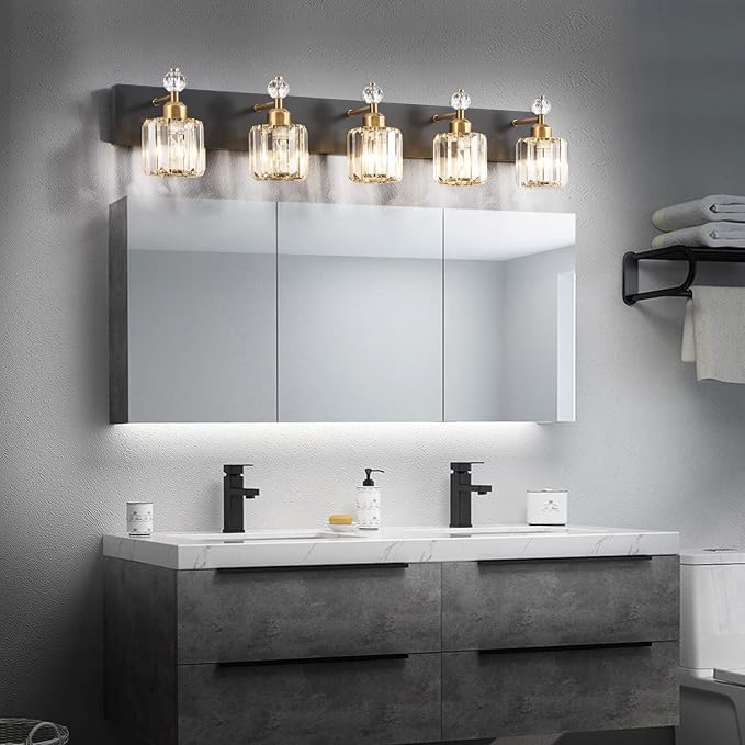 PRESDE 5-Light Crystal Bathroom Vanity Light, Modern Black and Gold Wall Sconce - Image 4