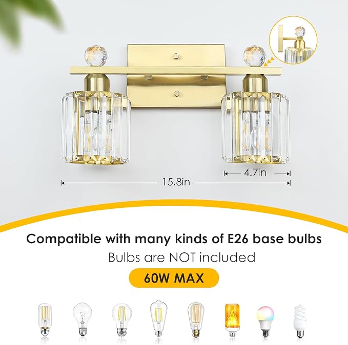 2-Light Gold Bathroom Light Fixtures, Modern Bathroom Vanity Lights Fixture - Image 2