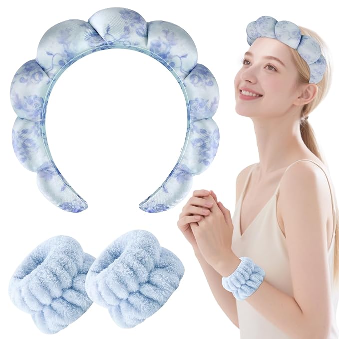 Zkptops Spa Headband for Washing Face Wristband Set Flower Sponge Makeup - Image 8