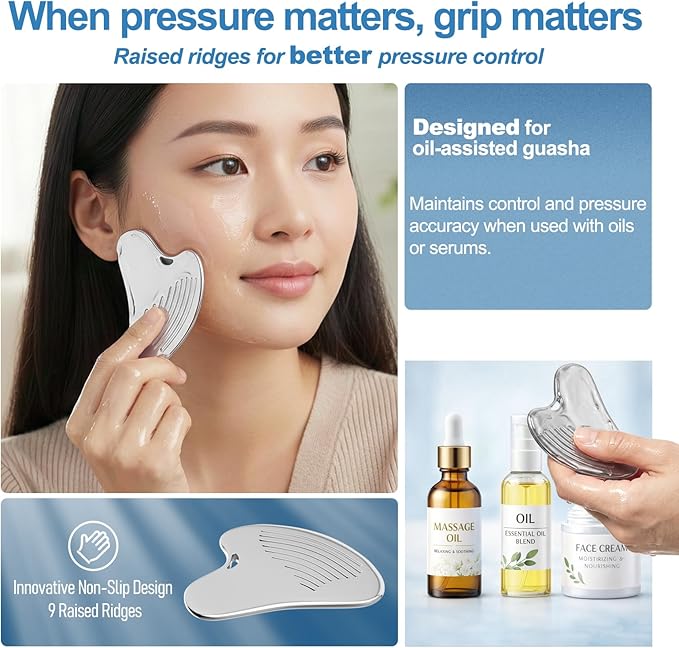 Gua Sha Facial Tools & Face Roller Set, Stainless Steel Facial Massager Tools - Image 4