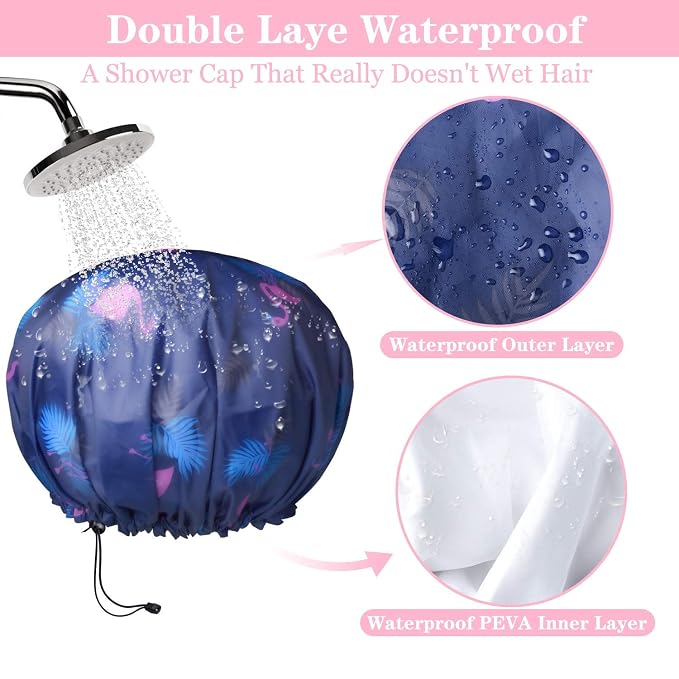 3 Pack Extra Large Double Layer Adjustable Shower Caps - Image 4