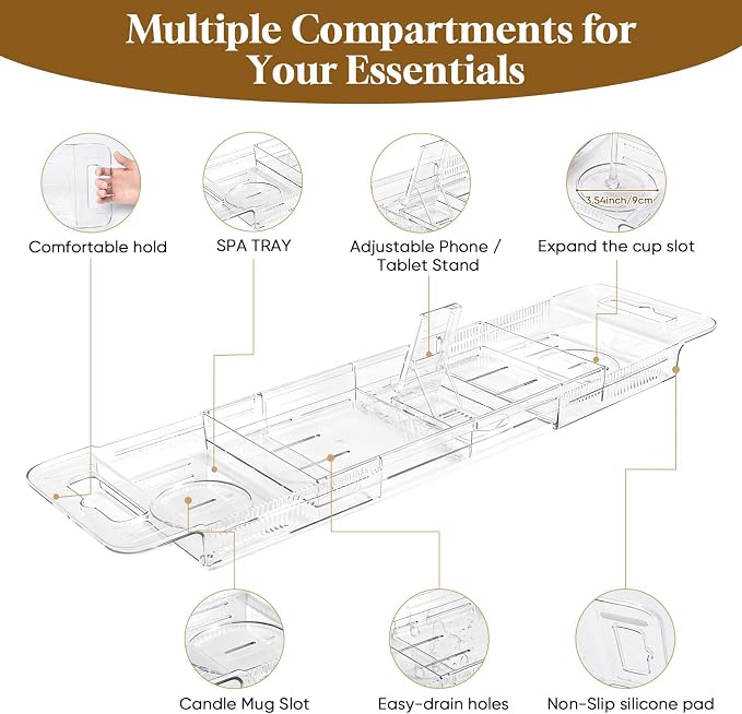 Expandable Clear Acrylic Bathtub Tray Caddy, Foldable Tub Bath Tray - Image 4