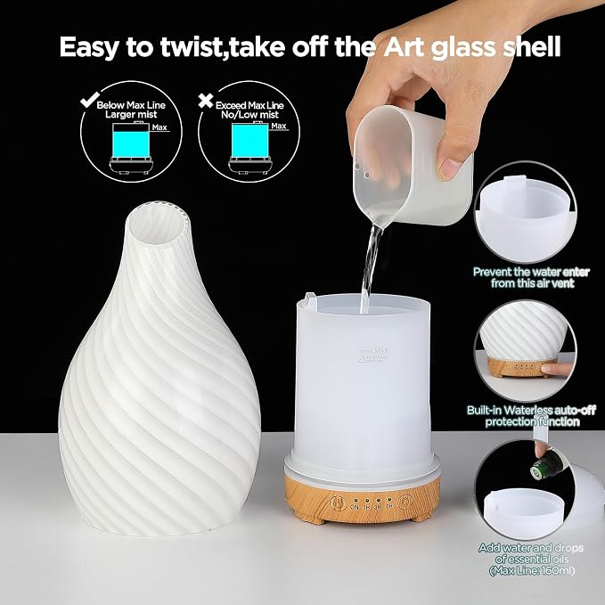 INRORANS Art Glass Essential Oil Diffuser - 160ml Ultrasonic Cool Mist Scent - Image 5