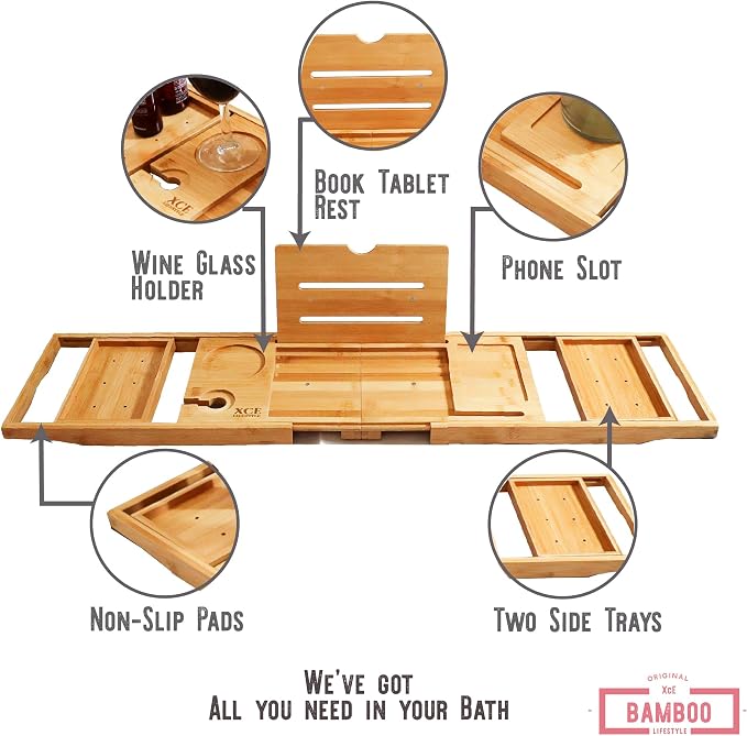 XcE Foldable Bamboo Bathtub Caddy Tray - Image 2