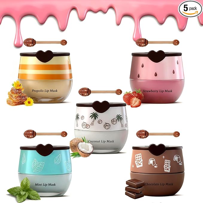 5PCS Bee Lip Balm Honey Pot, Fruit Lip Mask Set by Charm+Kiss