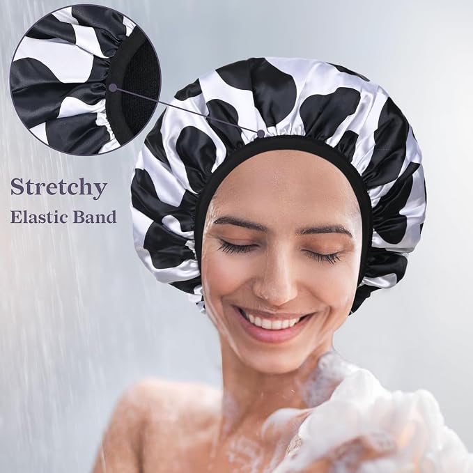 Black Cow Print Satin Shower Cap, Three-Layer Terry Cloth Lined, - Image 6