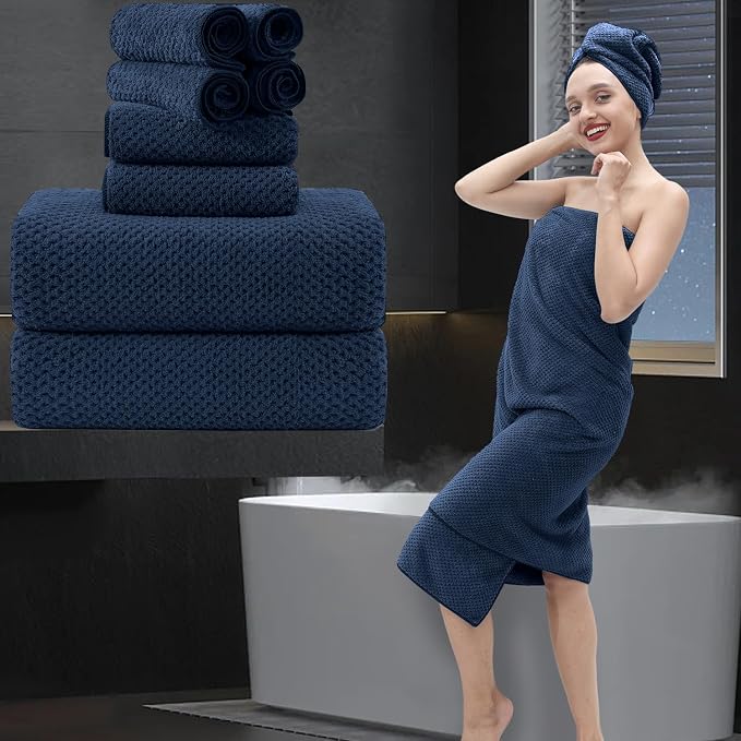 8 Piece Bathroom Towel Set Navy Blue |2 Oversized Large Bath Towels Sheet by MAGGEA