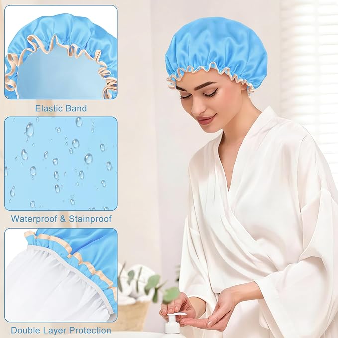 Waterproof Shower Caps for Women, Solid Color Dual-Layer Elastic Band Design - Image 3