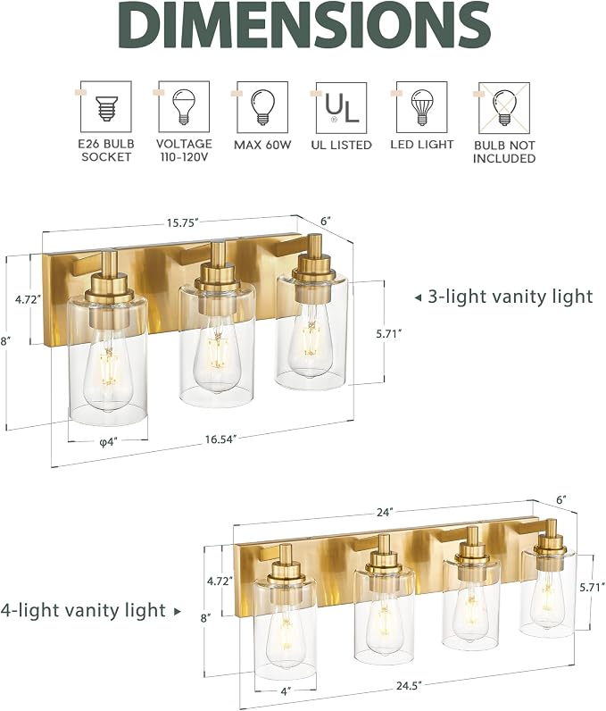 3-Light Bathroom Light Fixtures, Brushed Gold Vanity Light - Image 3