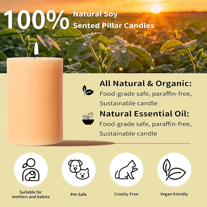 4 Pack Vanilla Lavender Scented Pillar Candles, Natural Soy Wax Pillar - Image 3