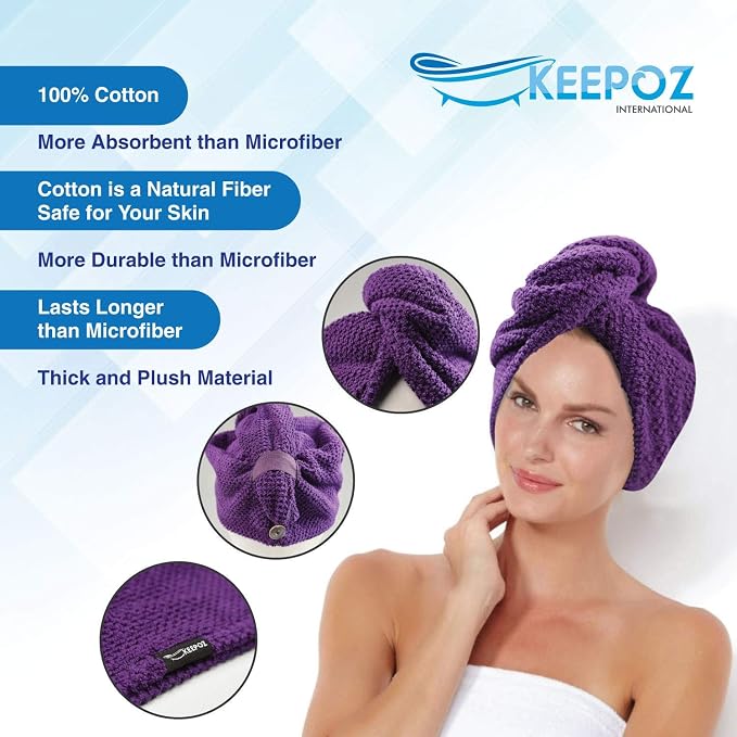 KEEPOZ Hair Towel Wrap Quick Dry 100% Cotton Super Absorbent Turban Head Wrap - Image 5