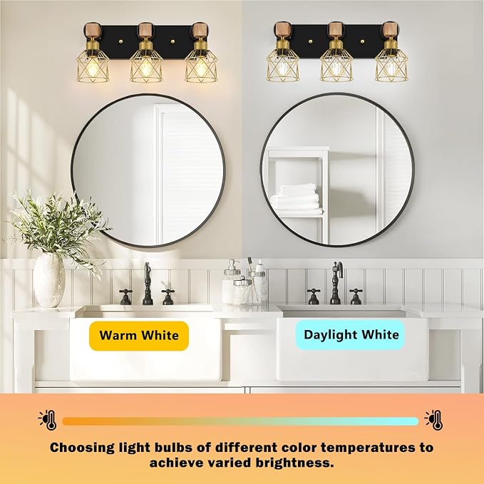 FadimiKoo Black and Gold Vanity Light, 3-Light Farmhouse Vanity Light, Bathroom - Image 4