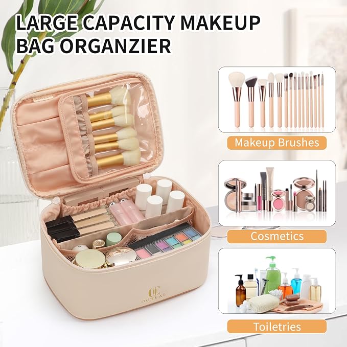 OCHEAL Beige Makeup Bag, Travel Makeup Organizer Bag, Large Capacity Cosmetic - Image 4