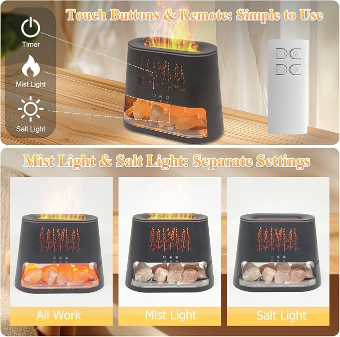 Fireplace Flame Diffuser & Himalayan Salt Lamp, 8 Colors Aromatherapy Diffuser - Image 6