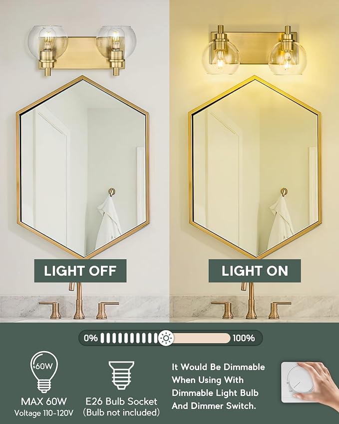 Bathroom Light Fixtures, 2 Light Brushed Gold Vanity Light, Modern Wall Sconces - Image 6