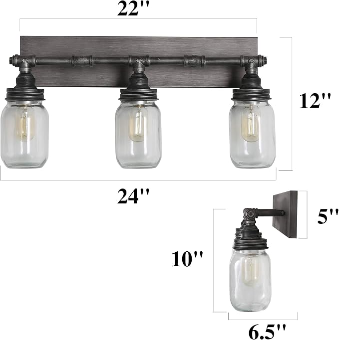 LNC 24'' Large Bathroom Light Fixtures, Industrial 3 Mason Jar Vanity Light - Image 2