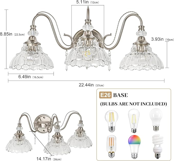 Brushed Nickel Bathroom Vanity Light, 3-Light Nickel Finish Wall Sconce - Image 6