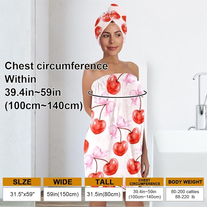 Women's Cherry Bow Towel Wrap and Hair Drying Cap Set – Pink Microfiber Shower - Image 3