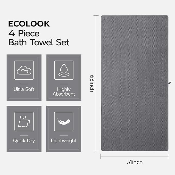 ecolook 4 Pack Microfiber Bath Towels, 31 x 63 inches Extra Large Bath Towel Set - Image 3