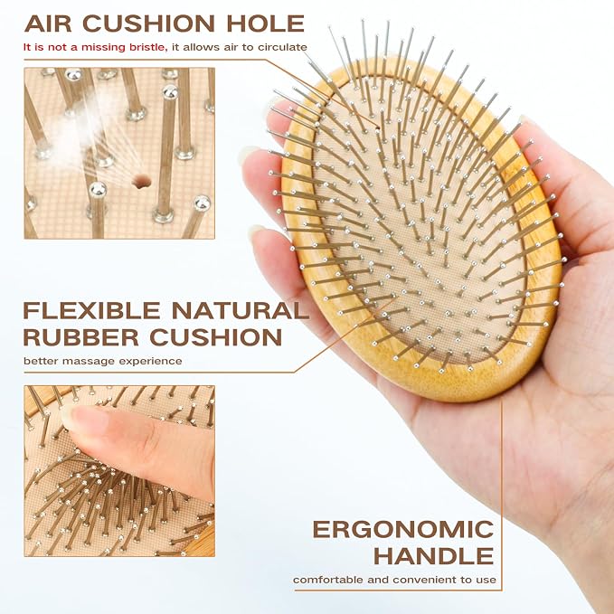 Metal Hair Brush for Scalp Massage & Hair Growth, Natural Bamboo Mental Brush - Image 2