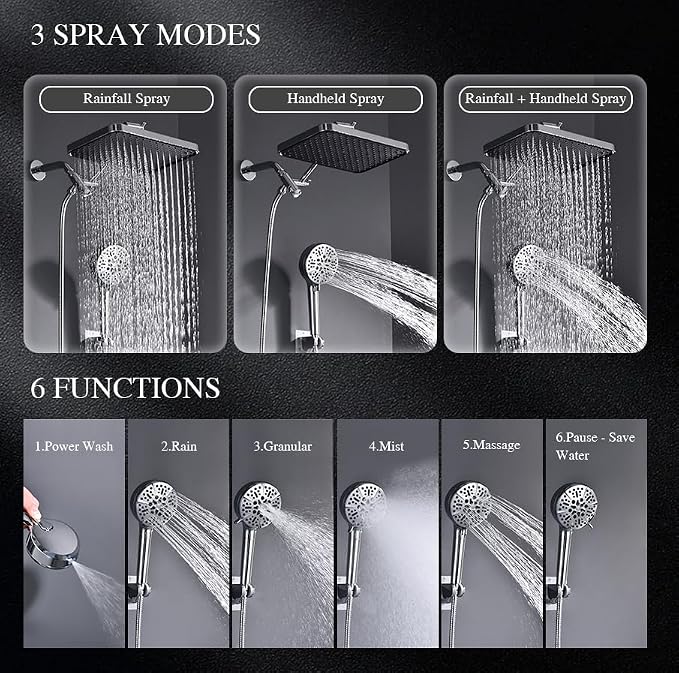 Tandem Shower Head with Filters-14'' Rainfall ShowerHead, Filtered Power Wash - Image 2