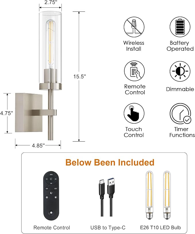 SANTOSTOCK Brushed Nickel Battery Operated Wall Sconces - Image 2