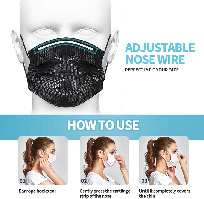 Black Disposable Face Masks 4 Layers Protection 50Pcs, Breathable Dust Mask - Image 5