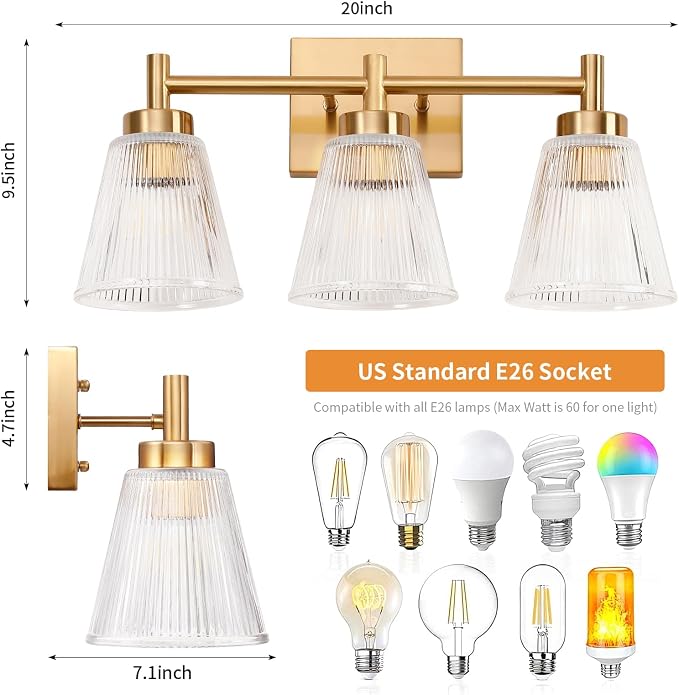 OCIOC 3-Light Bathroom Vanity Light, Modern Gold Wall Light Fixture - Image 3