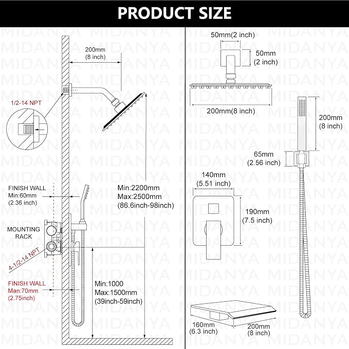Midanya Shower System with Tub Spout, Bathtub Shower Faucet Set with Square - Image 5