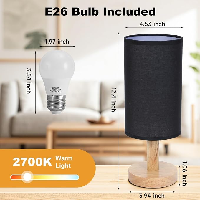 Black Small Bedside Table Lamp for Bedroom, Natural Round Wood Base&Fabric - Image 4