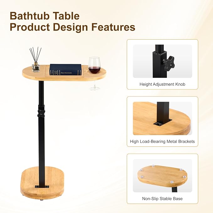 Bamboo Bathtub Side Table, 360° Swivel Height Adjustable Freestanding Bath - Image 3