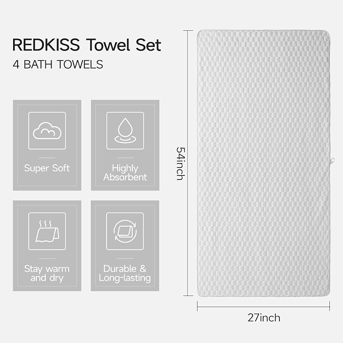 REDKISS 4 Pack Gray Microfiber Bath Towels - Image 2