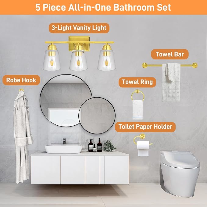 hykolity 3-Light Bathroom Vanity Light, 5-Piece All-in-One Bathroom Set - Image 4