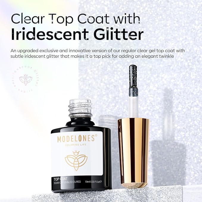 modelones Glitter Gel Top Coat, Reflective Iridescent Silver Mix Glitter - Image 6