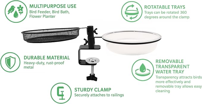Deck Bird Feeder and Bath with Metal Mesh Tray and Water Bowl – Deck Railing - Image 2