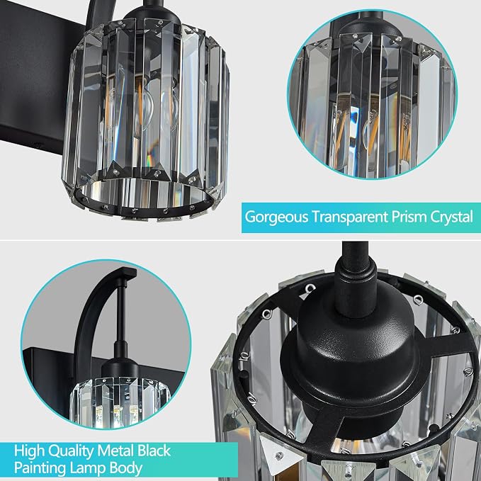 Bathroom Crystal Vanity Lights 2-Light Black Wall Lamp Modern Crystal Bathroom - Image 4