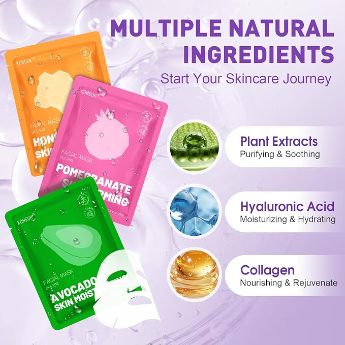 KONEUK 24 Pack Sheet Hydrating Face Masks Skincare, Soothing & Moisturizing - Image 3